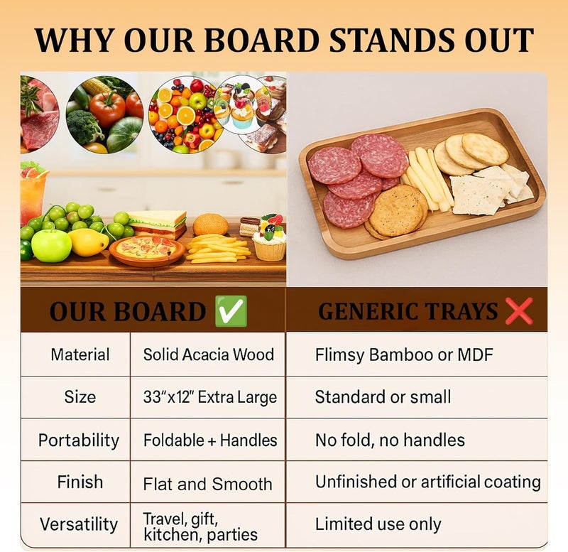SHANDERBAR Large Charcuterie Board with Handles – 33 x 12 Inch Extra Large Acacia Wood Foldable Long Serving Tray – Portable Big Cheese Board and Long Cutting Board for Appetizers, Party, or Travel - Image 4